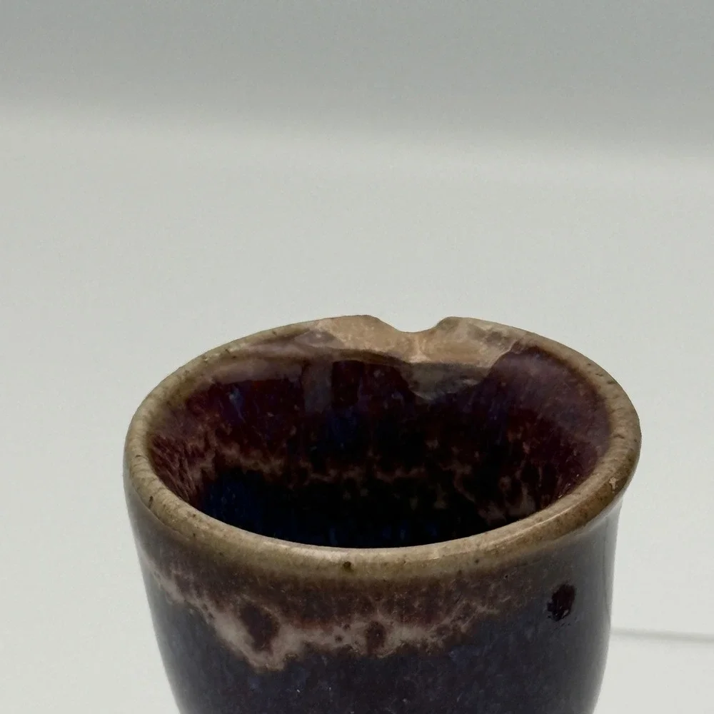 Handmade Studio Pottery Bowl Cup Set Purple Blue Drip Glaze Ceramic Wabi Sabi